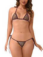 Oneheekini Women Sexy Swimsuit Halter String Triangle Micro Thong Bikini Leopard Mesh Bathing Suit Cheeky 2pcs Swimwear Brown