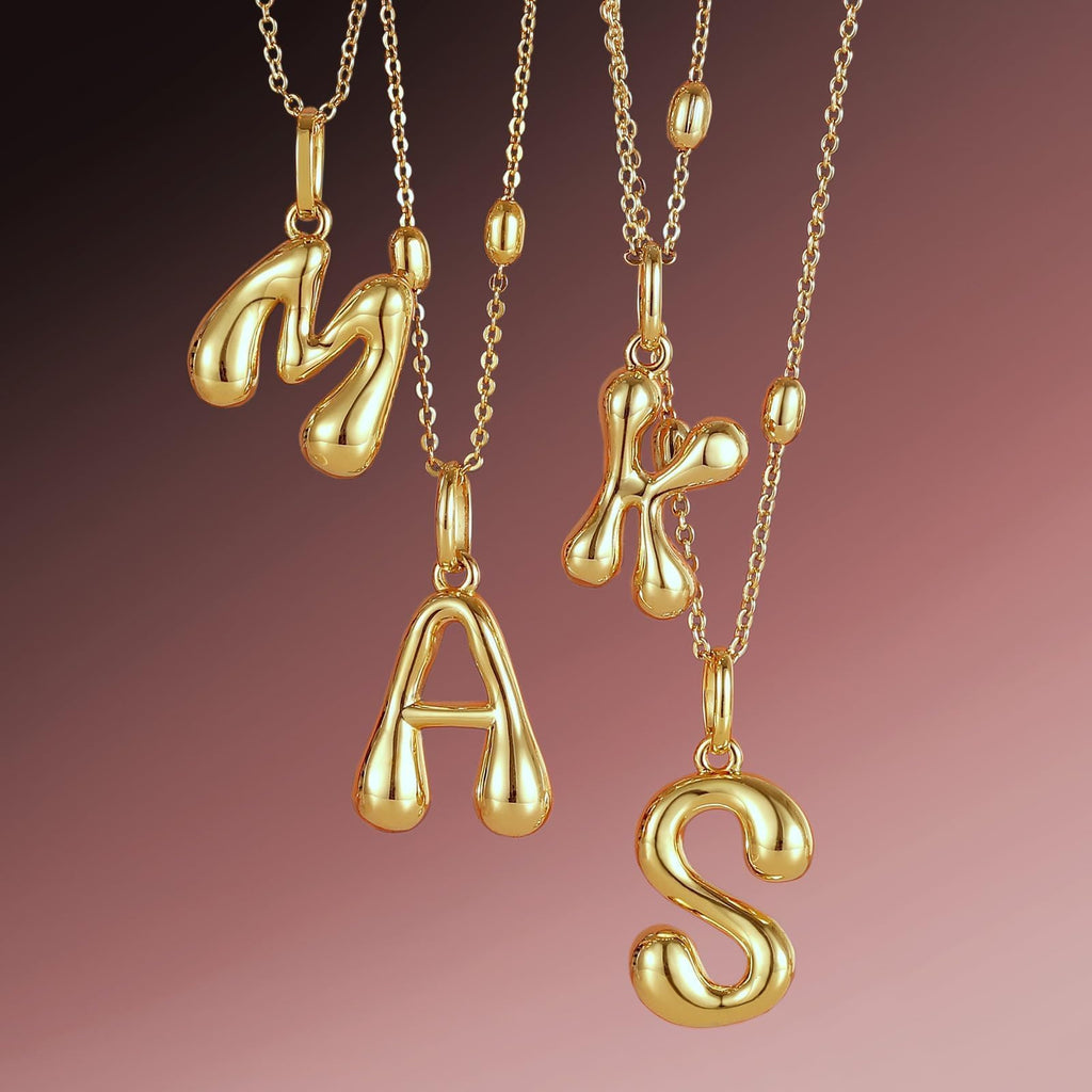 KissYan Bubble Letter Halskette, 14K vergoldet, personalisierter 3D puffiger Ballon-Anhänger mit verstellbarer Perlenkette, zierliches Schmuckgeschenk für Frauen (Gold A)