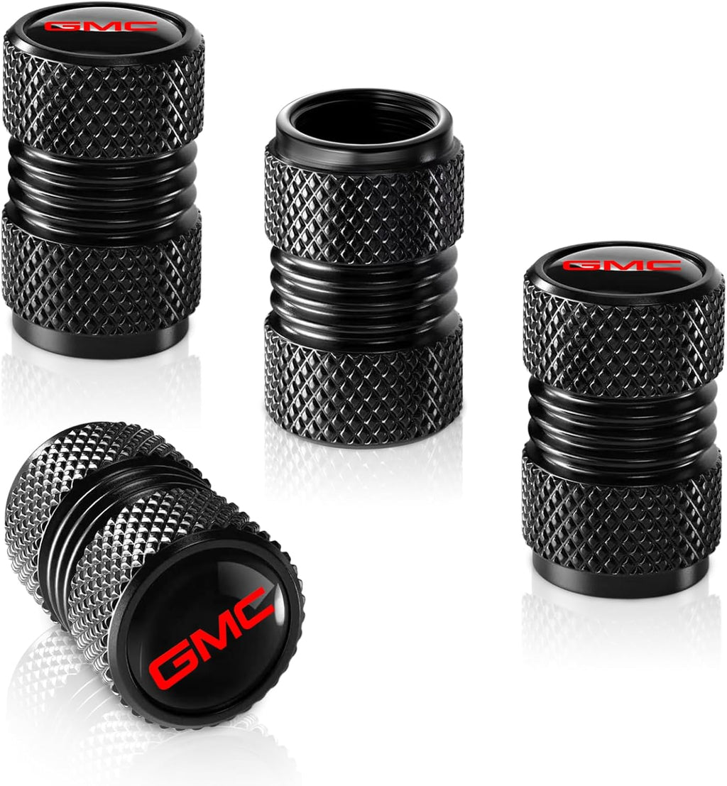 Tire Valve Stem Cap for GMC Metal Tire Stem Cover with Belt O-Ring Air caps Sports Accessories 4 Pieces (Black)