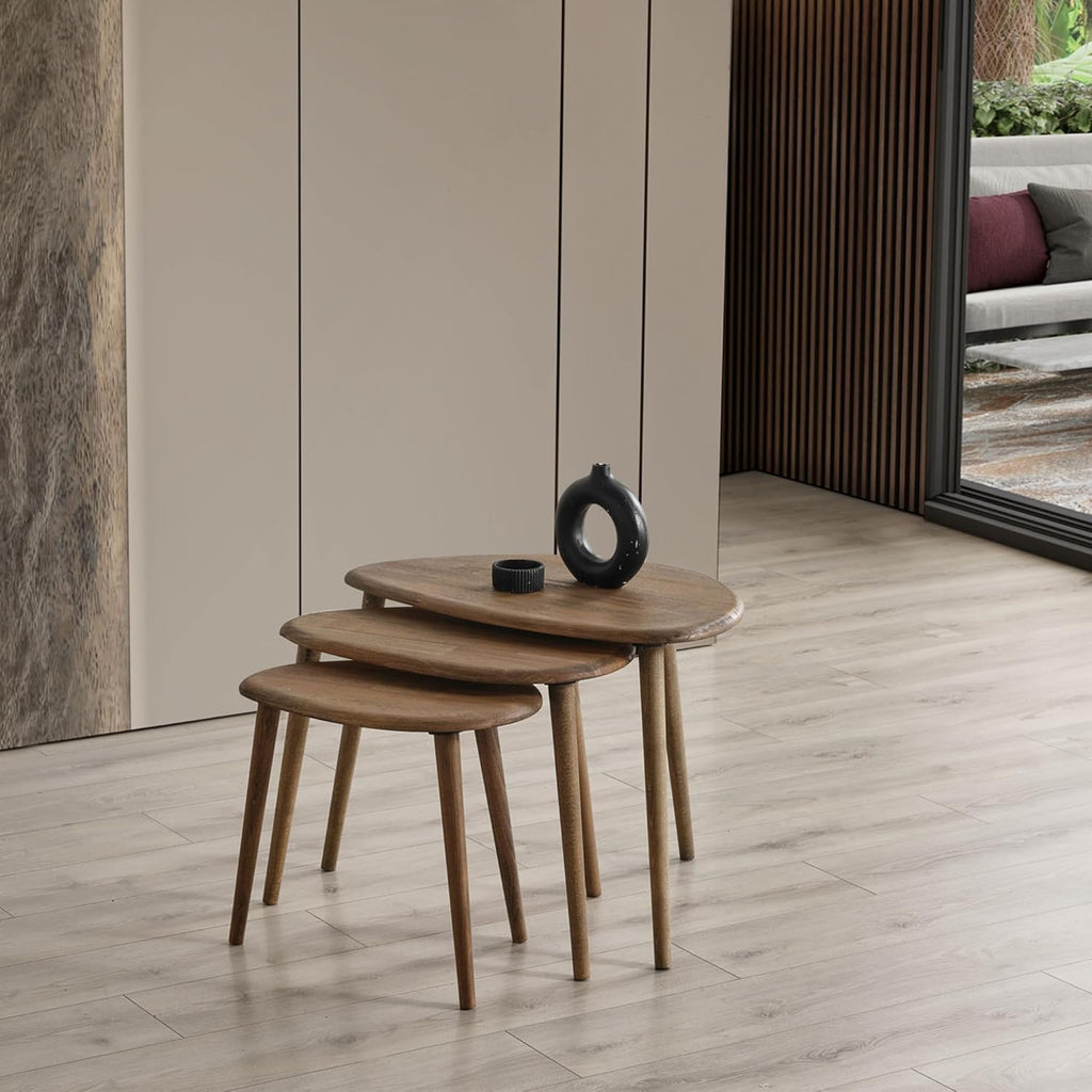 Solid Wood Nesting Coffee Table Set of 3 - Mid Century Modern Pebble Tables with Tapered Legs – Wooden Home Furniture in a Retro Style (Walnut)