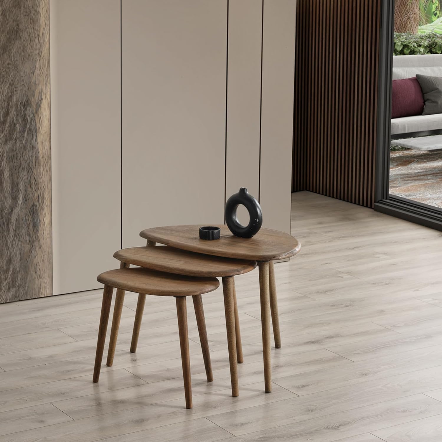 Solid Wood Nesting Coffee Table Set of 3 - Mid Century Modern Pebble Tables with Tapered Legs – Wooden Home Furniture in a Retro Style (Walnut)