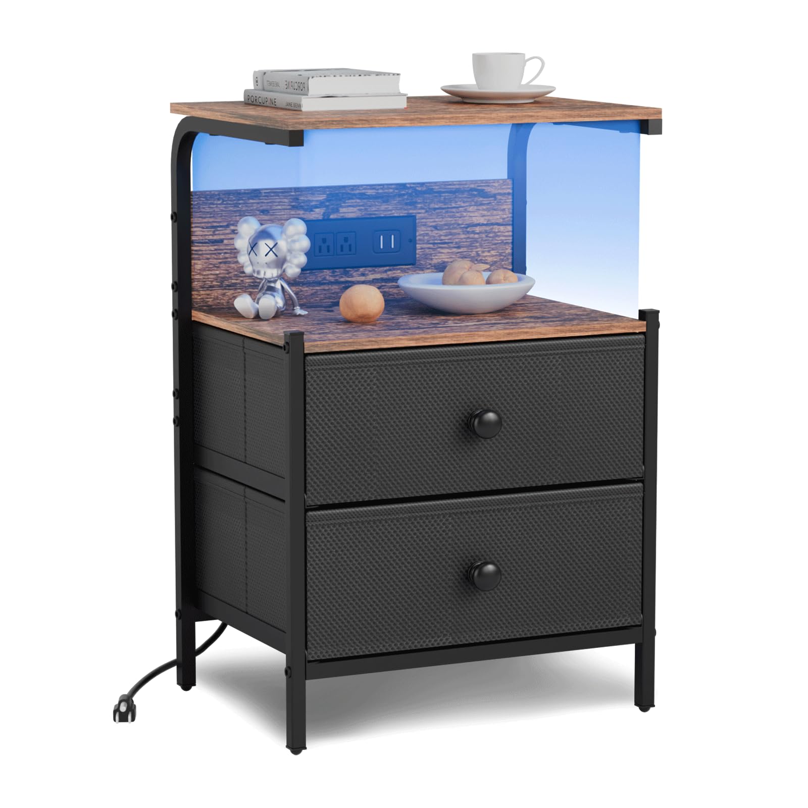 Nightstand with Charging Station and LED Lights, Side Table with 2 Fabric Drawers, Bedroom Nightstand, 3 Tier Storage Coffee Table, Living Room (1, White)