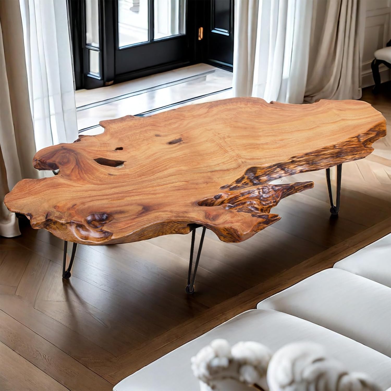 Handcrafted Edge Coffee Table | Natural Wood with Unique Organic Shape | Metal Hairpin Legs for Living Room, Side Table & Boho Decor