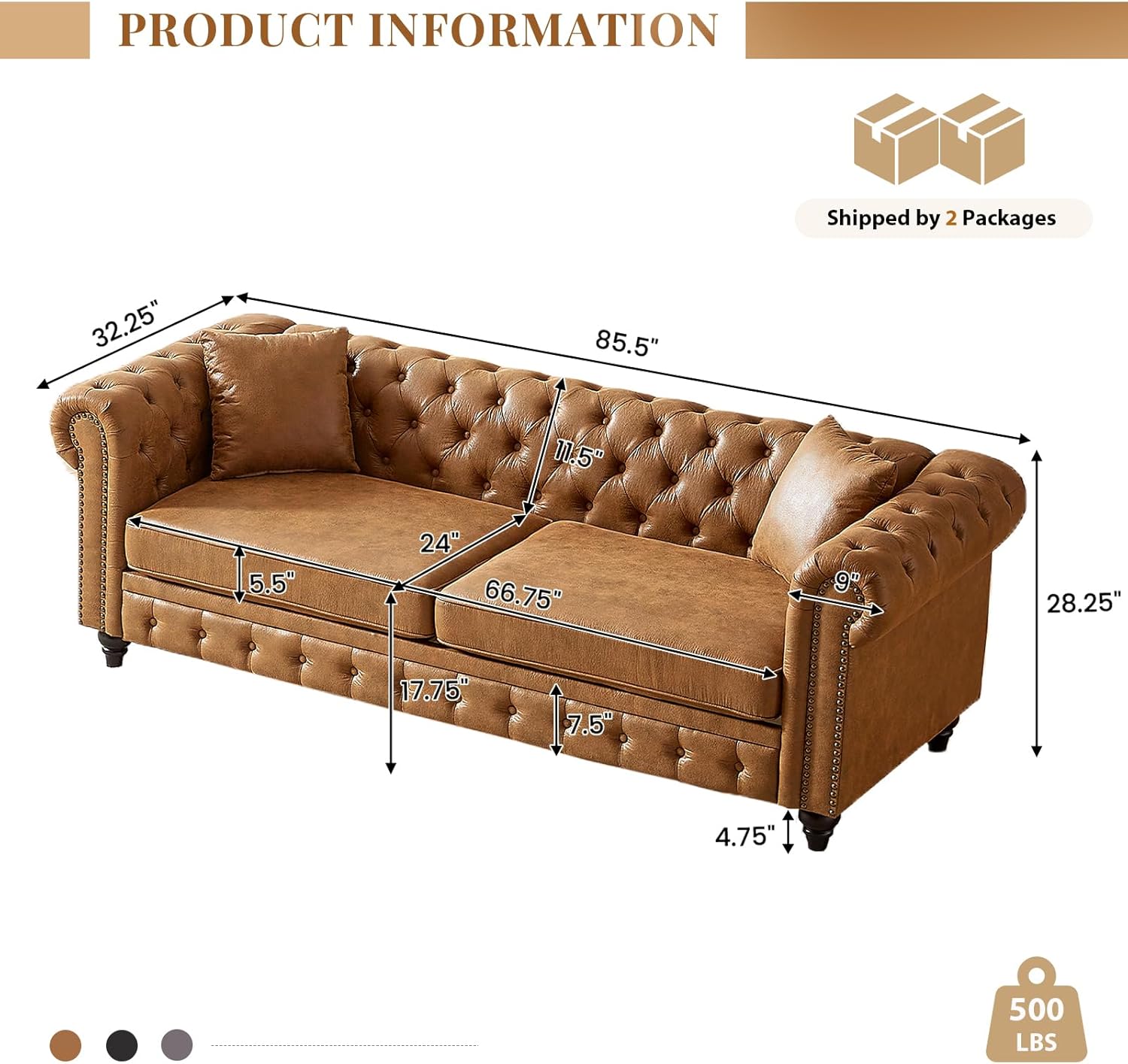 Modern Chesterfield Sofa Couch, 85.5-inch Tech Fabric 3-Seater Sofa with Rolled Arms and Tufted Button for Living Room, Office, Brown