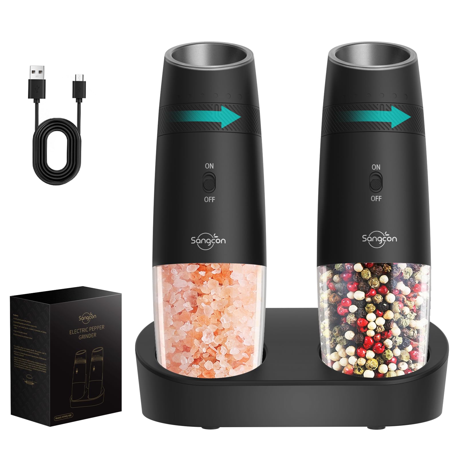 Sangcon Gravity Electric Pepper and Salt Grinder Mill Automatic Shaker Grinder with LED Light, Battery Powered Adjustable Coarseness One Hand Operation, Upgraded Larger Capacity, 1pc