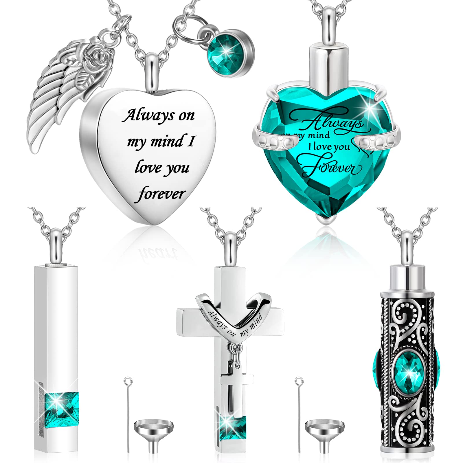 Fumete 5 Pcs Ashes Urn Necklace Keepsake Cremation Heart Cross Cubic Jewelry for Ashes Stainless Steel Memorial Locket Urn Keepsake Necklace for Women Men Loved Ones, 5 Styles
