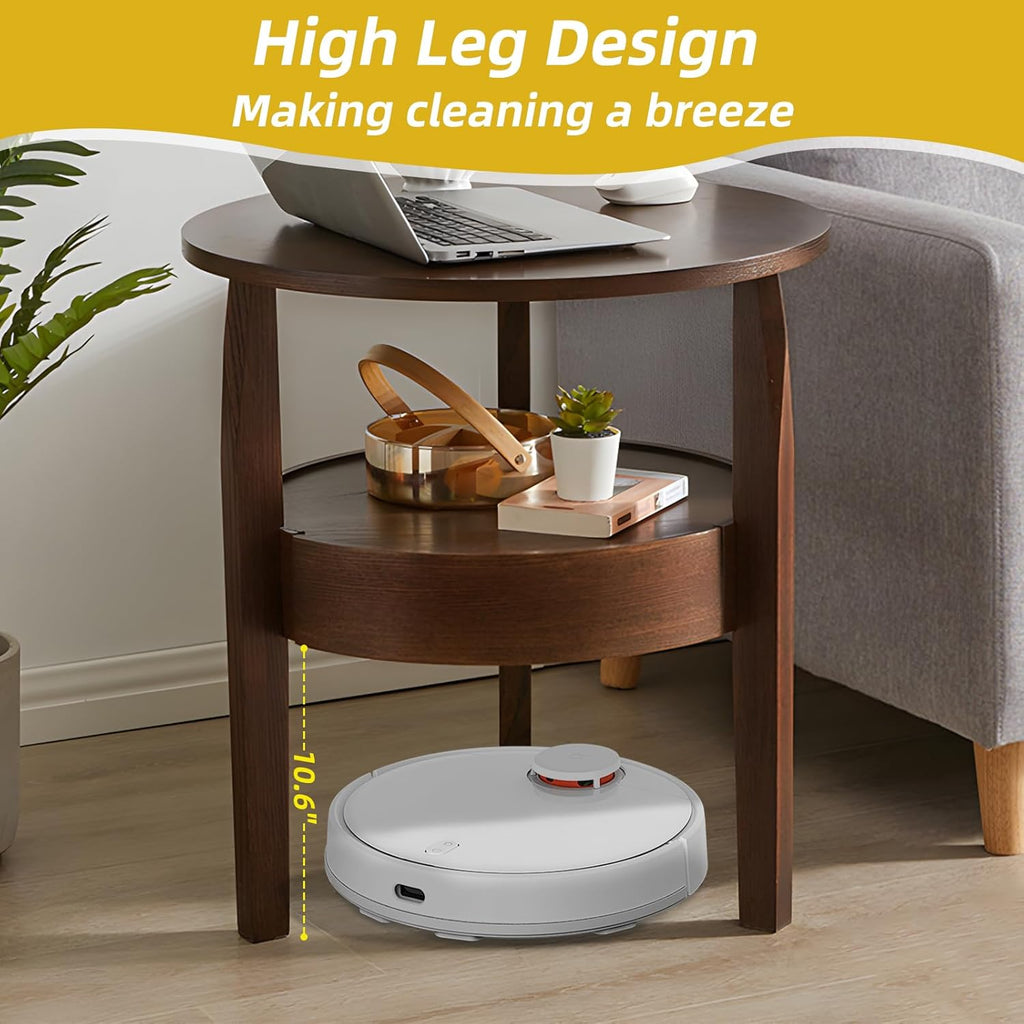 Round Coffee Table with Hidden Drawer - 20" D x 20" H Natural Wood Side Table with Drawer, 2-Tier Rustic Retro End Table with Storage, Small Coffee Table for Living Room, Dark Brown