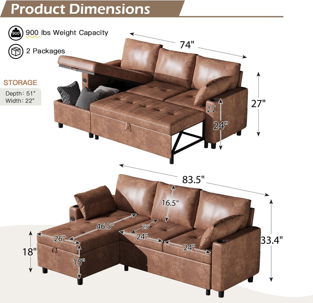 Leather Sleeper Sofa Couch with Pullout Bed, 83.5'' Sofa Bed Pull Out Couch with Reversible Storage Chaise, Sectional Couches with USB Charging Ports&Cup Holders for Living Room, Brown