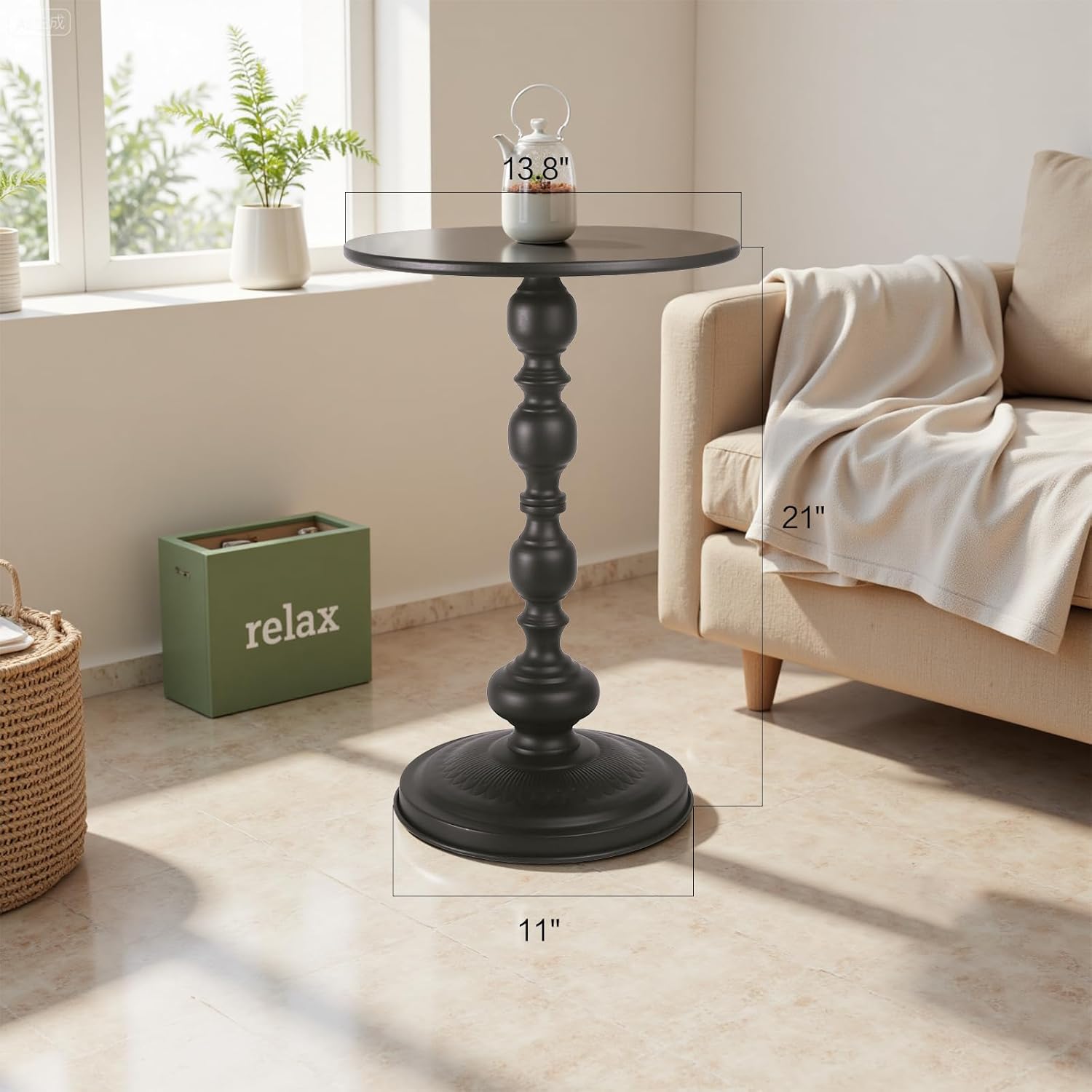 Room Decor Metal Small Round End Table, Home Decor Vintage Drink Table Nightstand for Small Spaces,Modern Accent Pedestal Tables Coffee Tables for Living Room, Bedroom, Corners, Patio,Black
