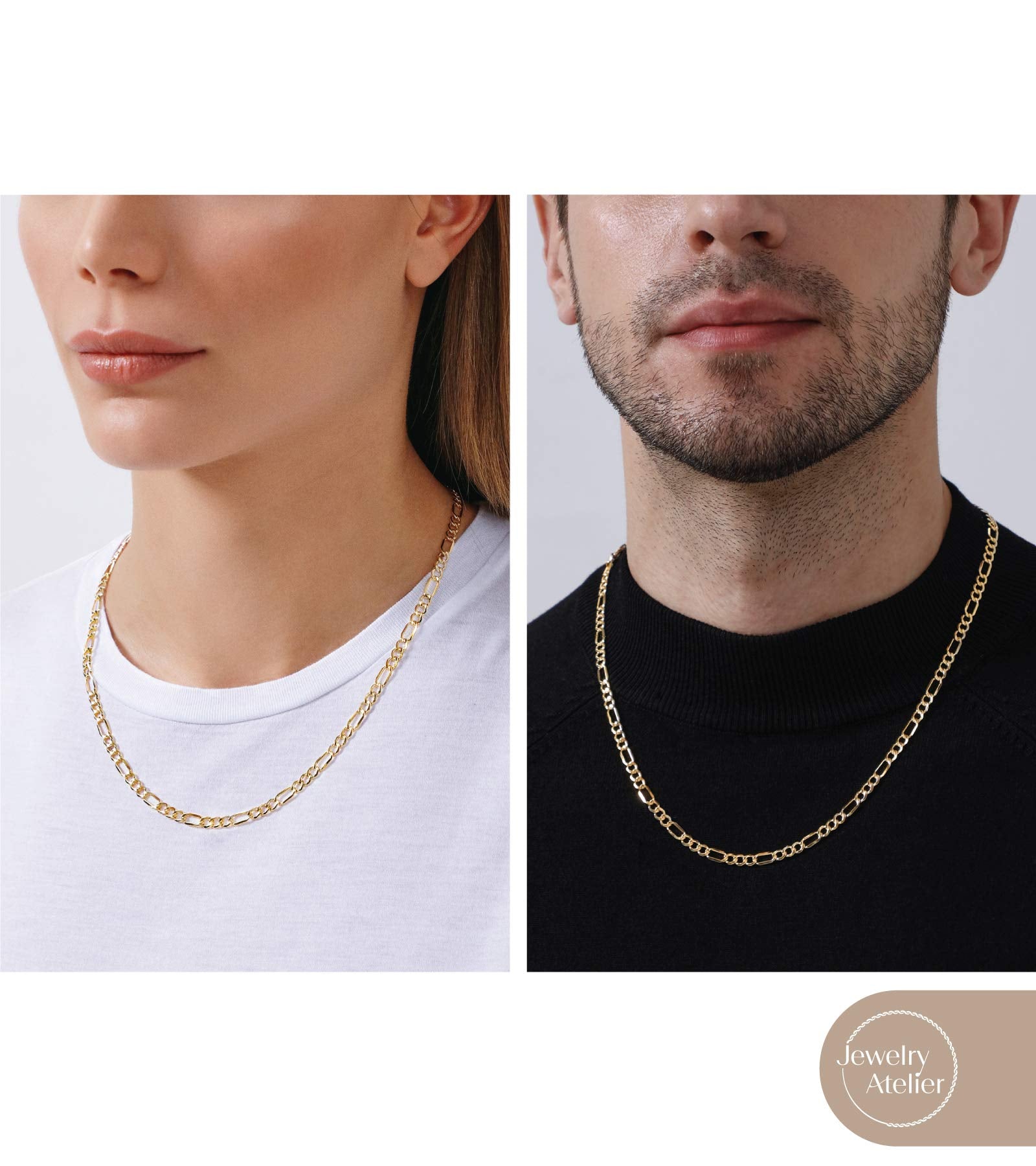 Collezione Collane Catena in Oro Atelier Gioielli - Collane Catena Figaro Riempite in Oro Giallo Massiccio 14K per Donne e Uomini con Diverse Misure (2.8mm, 3.7mm, 4.7mm, 5.6mm)