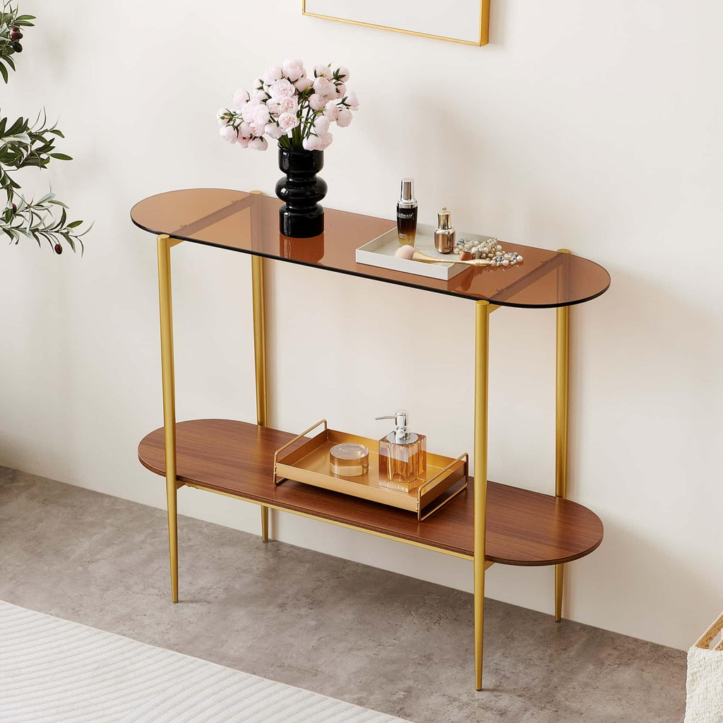 Round Coffee Table, Mid-Century Modern Design, D30 x H17, for Living Room, 2-Tier Structure, Amber Glass Top and Walnut MDF Shelf, Sleek Conical Metal Legs with Gold Finish