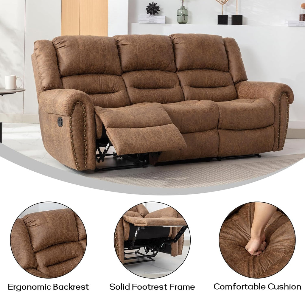 Faux Leather Reclining Sofa, 3 Seater Recliner Sofa Chair, Manual Reclining Couch Set for Living Room, Home Furniture Set, for Meeting Room, Brown (3 Seat Sofa)