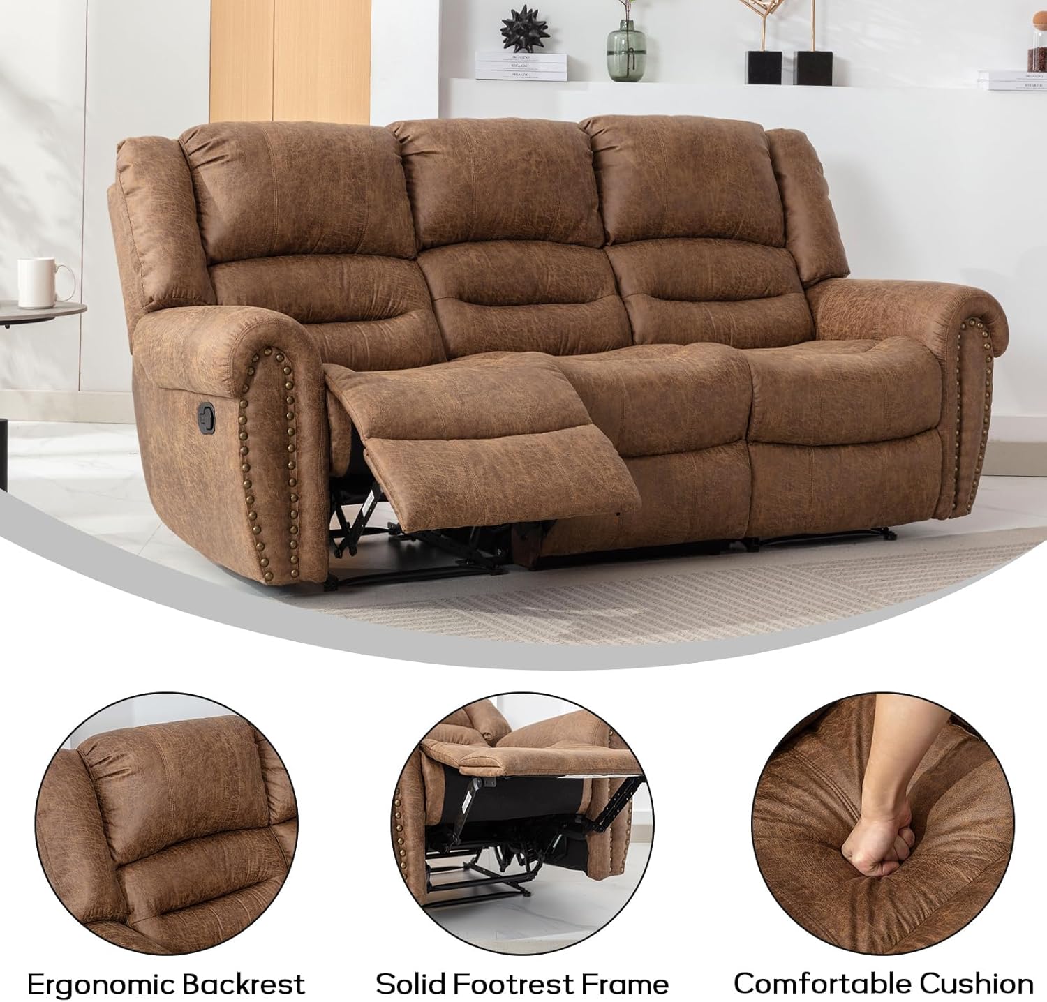 Faux Leather Reclining Sofa, 3 Seater Recliner Sofa Chair, Manual Reclining Couch Set for Living Room, Home Furniture Set, for Meeting Room, Brown (3 Seat Sofa)