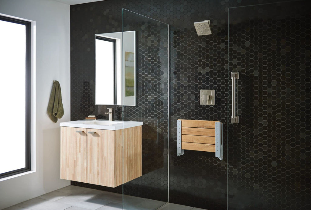 Moen Bath Safety Furniture Wood Home Care Teak Wood Aluminum Folding Shower Seat, Wall Mounted Shower Bench, DN7110