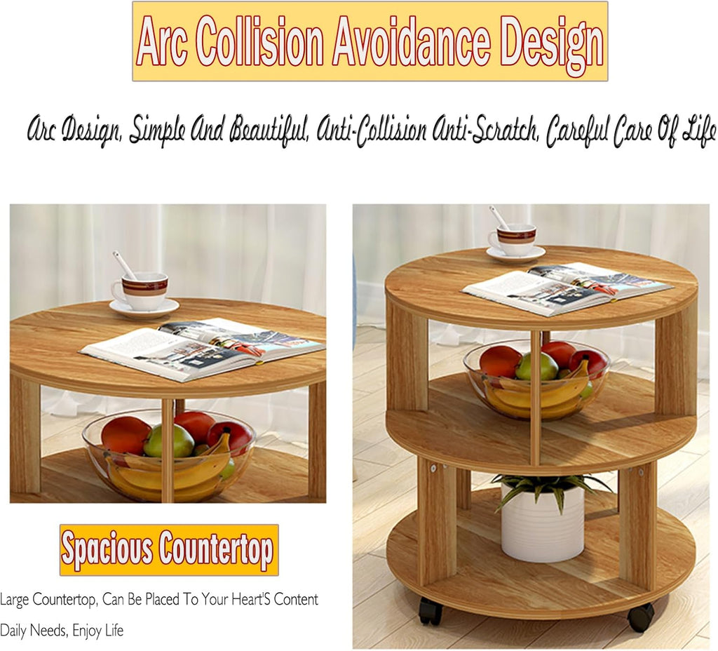 RNE Coffee Table with Wheels,Round Side Table with 2-Tier Storage Shelf,End Table Easy Assembly,Cocktail Table for Home Office