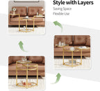 Round Glass Coffee Table - 4 Tier Coffee Tables for Living Room with Rotating Top, Circle Coffee Table with Storage, Modern Clear Center Table with Metal Frame for Small Space, Office, Gold