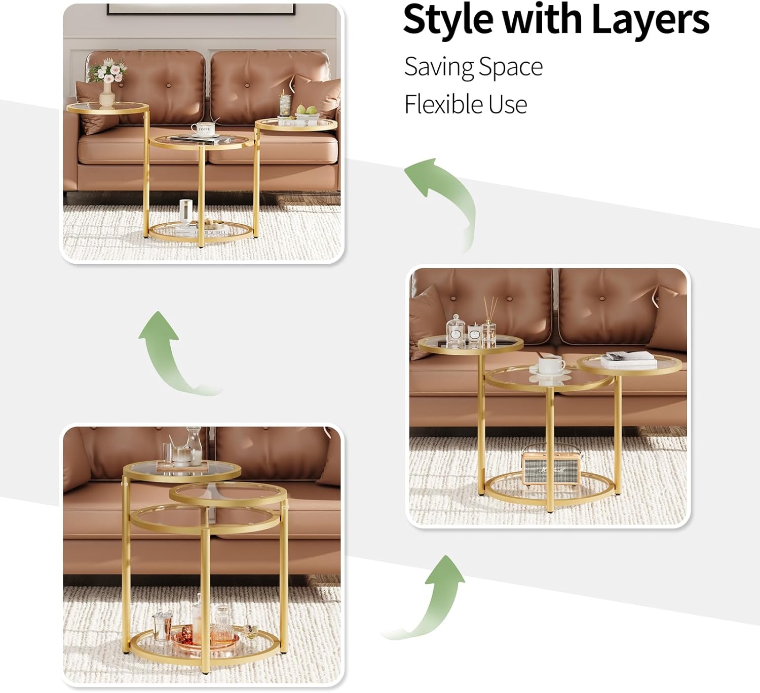 Round Glass Coffee Table - 4 Tier Coffee Tables for Living Room with Rotating Top, Circle Coffee Table with Storage, Modern Clear Center Table with Metal Frame for Small Space, Office, Gold