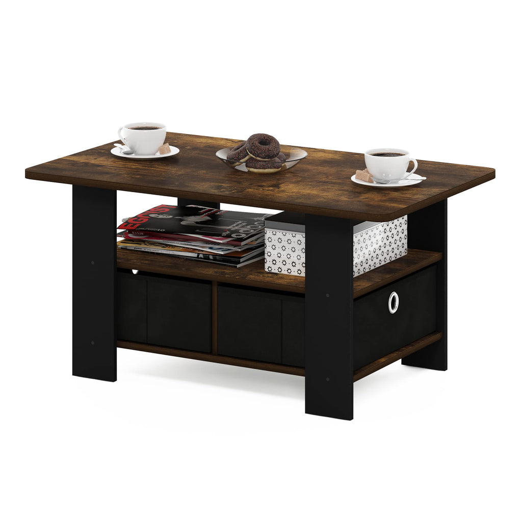 Furinno Andrey Coffee Table with Bin Drawer, Americano/Medium Brown, Small Non-Lift Top