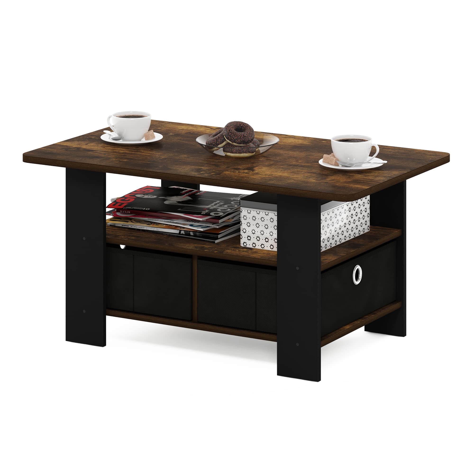 Furinno Andrey Coffee Table with Bin Drawer, Americano/Medium Brown, Small Non-Lift Top