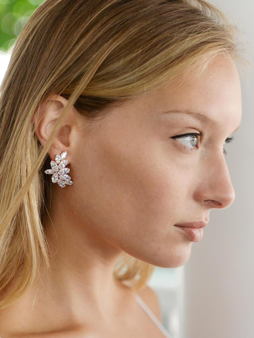 Mariell Rose Gold Clip-On Cubic Zirconia Crystal Bridal Earrings, Marquis Shape CZ Curved Clusters, Non-Pierced Earrings for Wedding, Bridesmaids, Homecoming, Mother of the Bride
