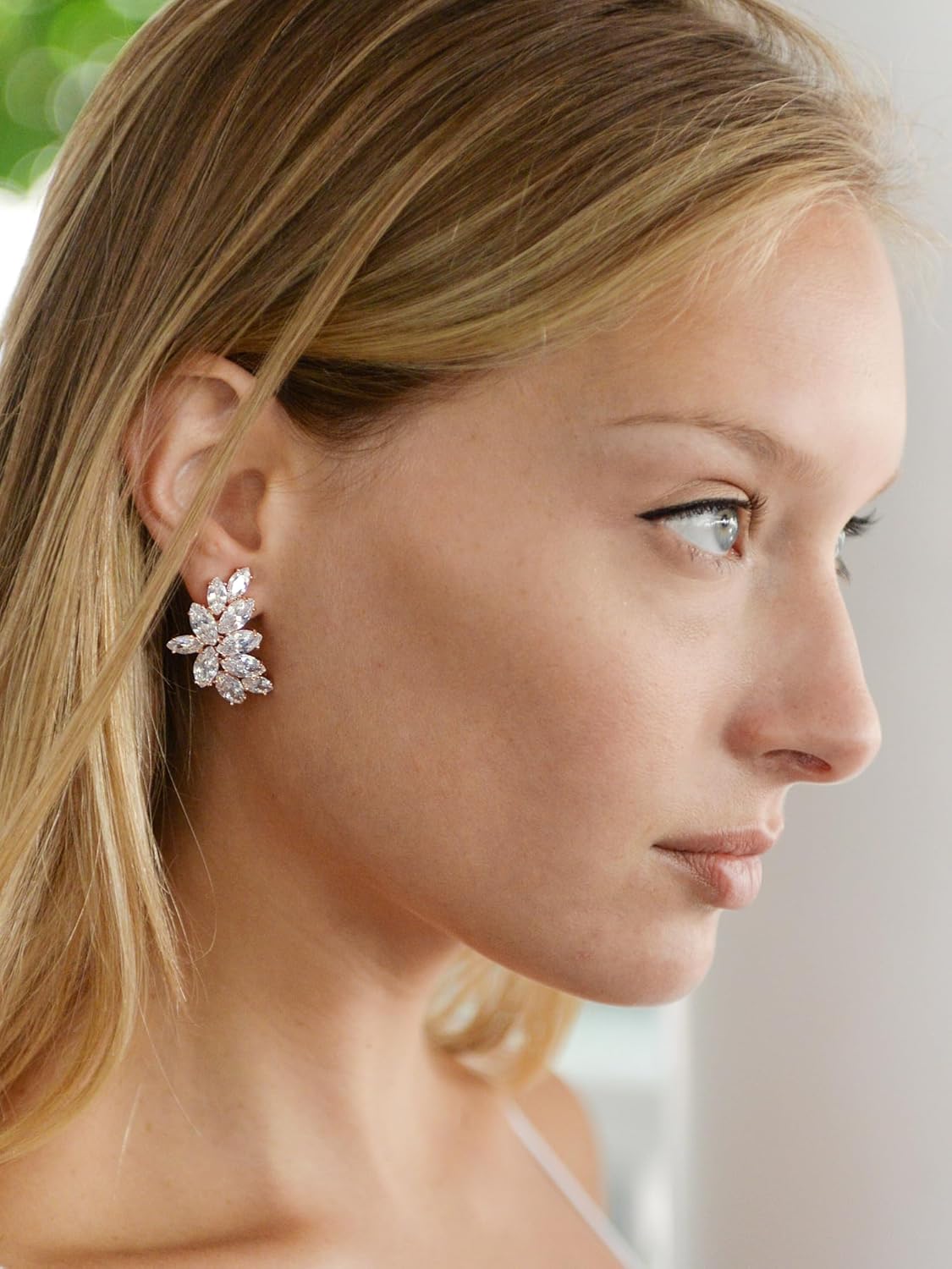 Mariell Rose Gold Clip-On Cubic Zirconia Crystal Bridal Earrings, Marquis Shape CZ Curved Clusters, Non-Pierced Earrings for Wedding, Bridesmaids, Homecoming, Mother of the Bride