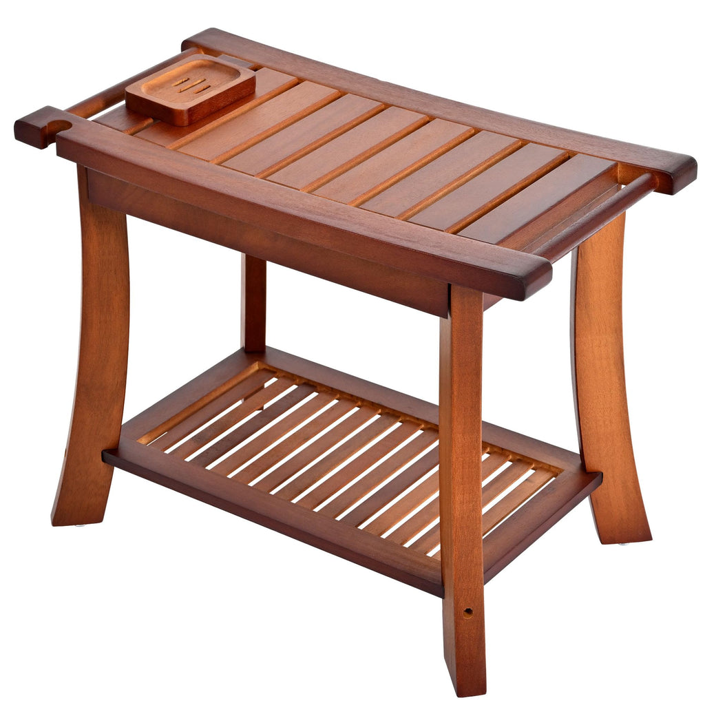 Jekruiet Teak Shower Chair Stool, 24 Inch Shower Bench Seat, Wooden Bathroom Bench with Storage Shelf for Adults, Elderly, Disabled Indoor & Outdoor Use
