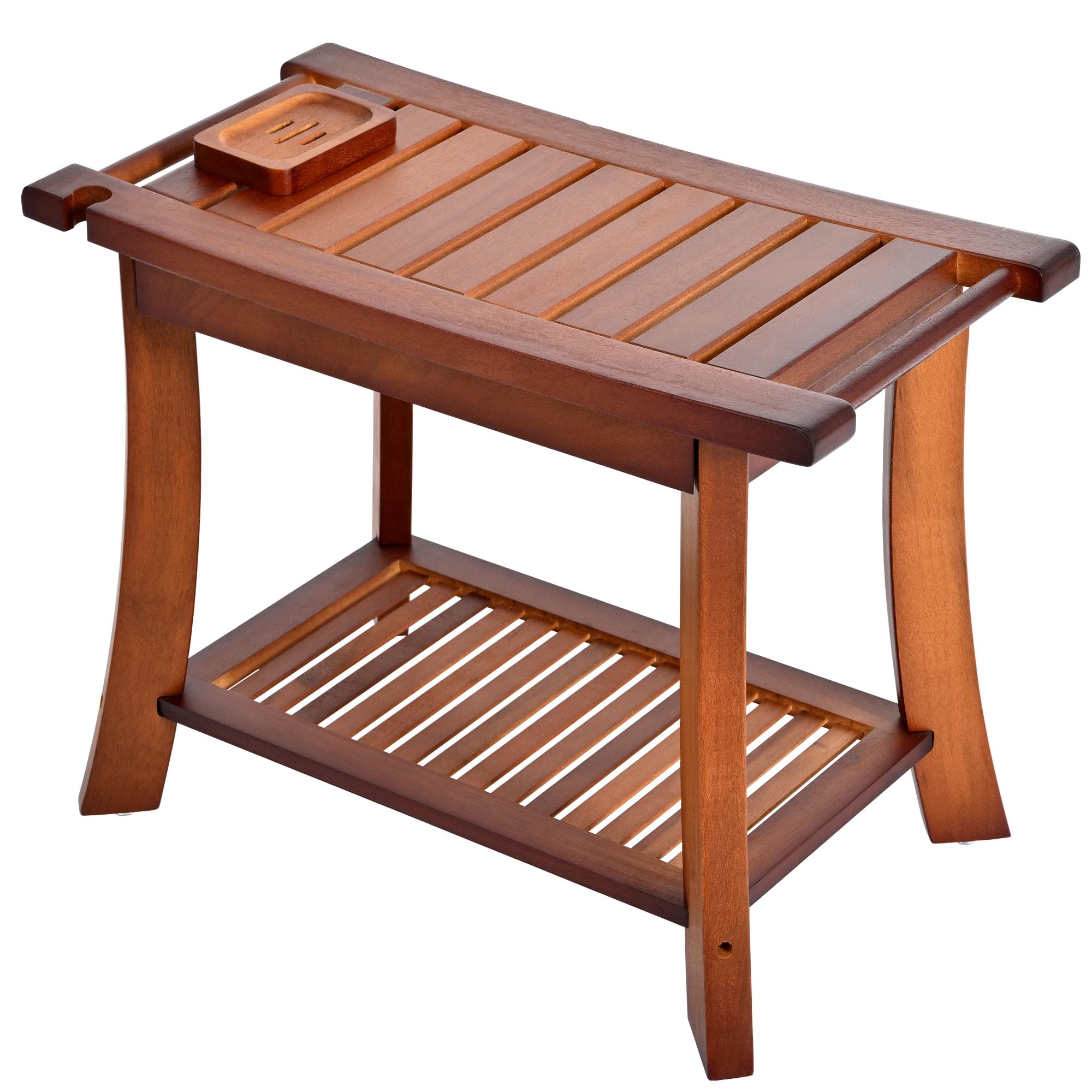 Jekruiet Teak Shower Chair Stool, 24 Inch Shower Bench Seat, Wooden Bathroom Bench with Storage Shelf for Adults, Elderly, Disabled Indoor & Outdoor Use