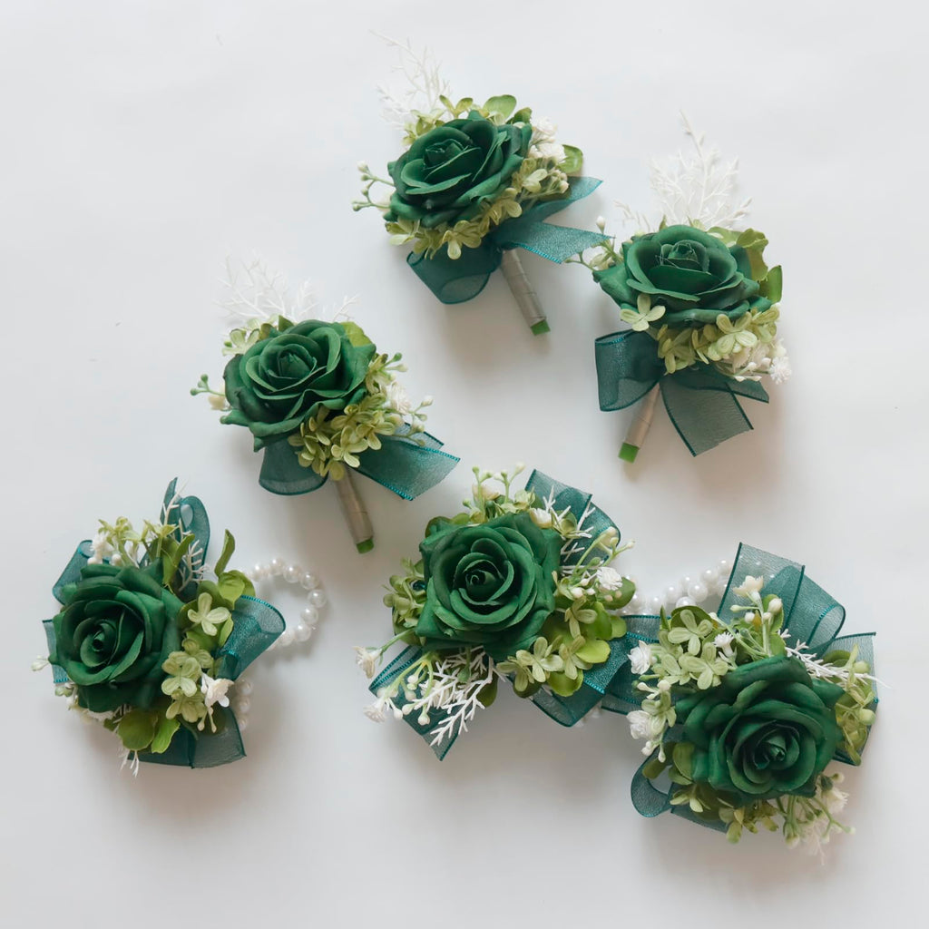 MAFELOE Corsage and Boutonniere Set for Wedding Prom Party Homecoming Celebration Artificial Flower Accessories Suit Decor 2 Pieces - Dark Green