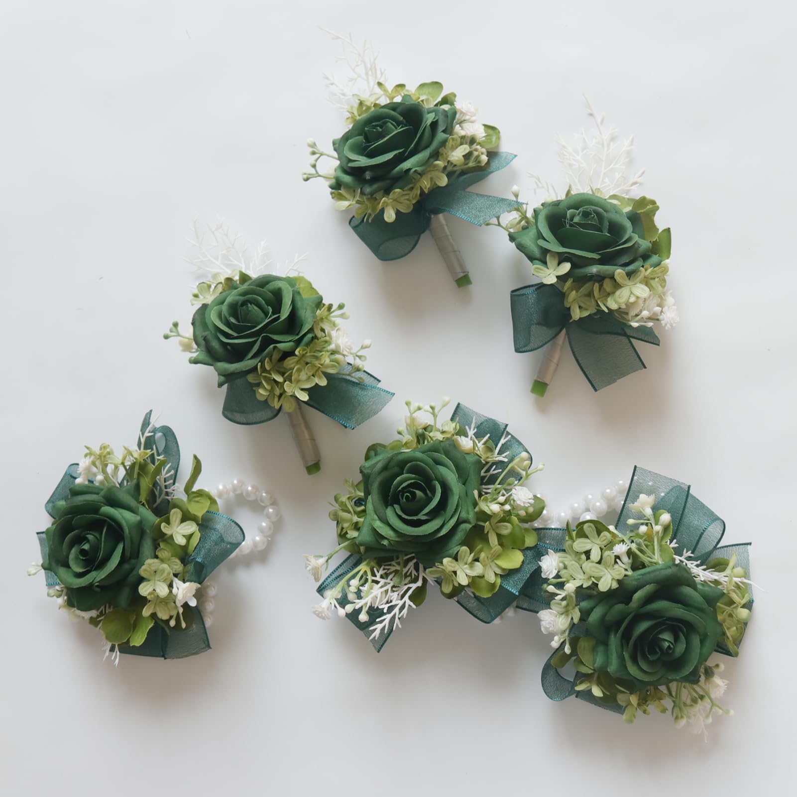 MAFELOE Corsage and Boutonniere Set for Wedding Prom Party Homecoming Celebration Artificial Flower Accessories Suit Decor 2 Pieces - Dark Green
