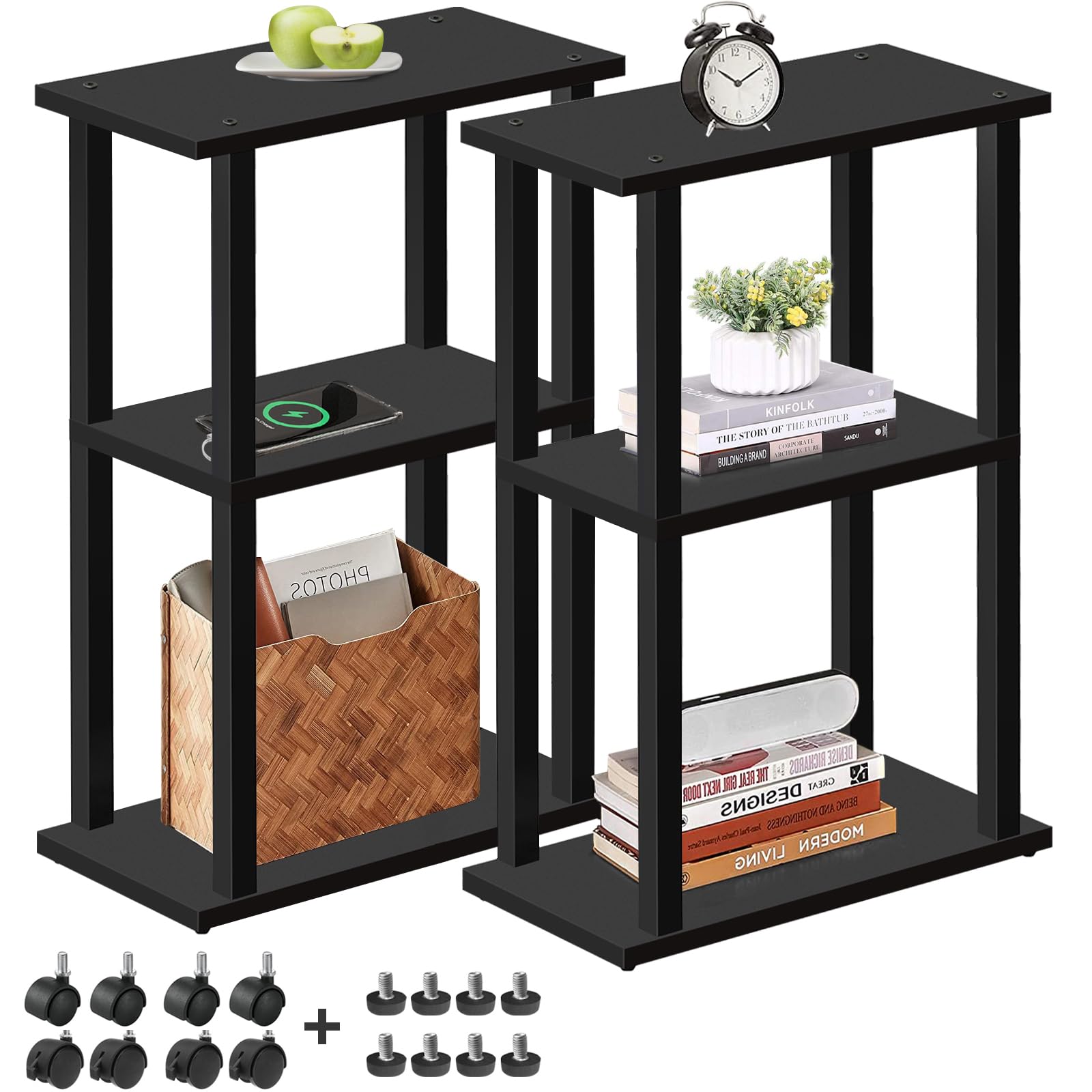 TUTOTAK Small Narrow Side Table with Charging Station, Skinny End Table for Small Spaces, Slim Nightstand with USB Ports and Outlet, Sofa Beside Table with Wheels, Brown TB01BB046