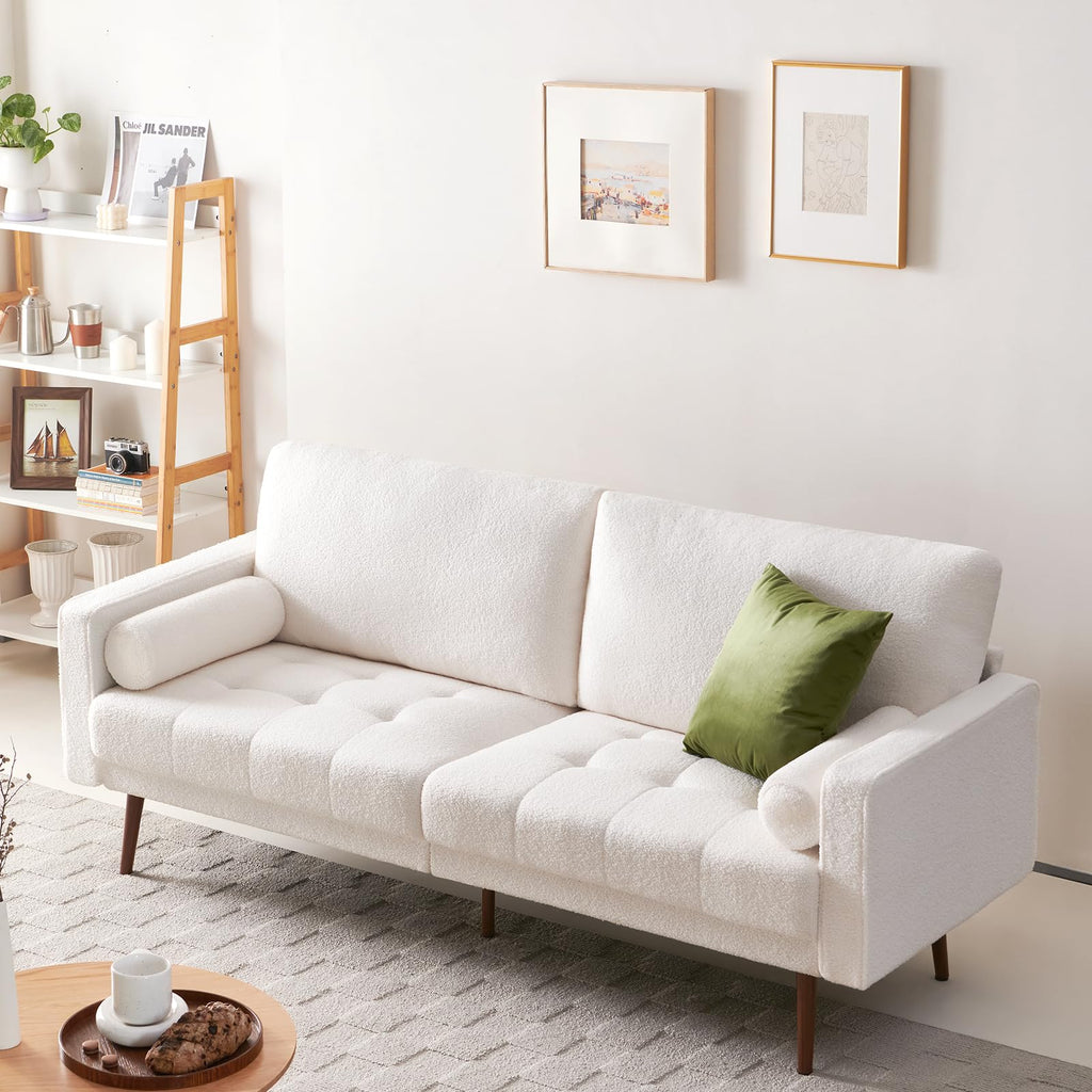 Vonanda Faux Leather Sofa Couch, Mid-Century 73 Inch 3 Seater Leather Couch with Hand-Stitched Comfort Cushion and Bolster Pillows for Living Room,Elegant Cognac Tan