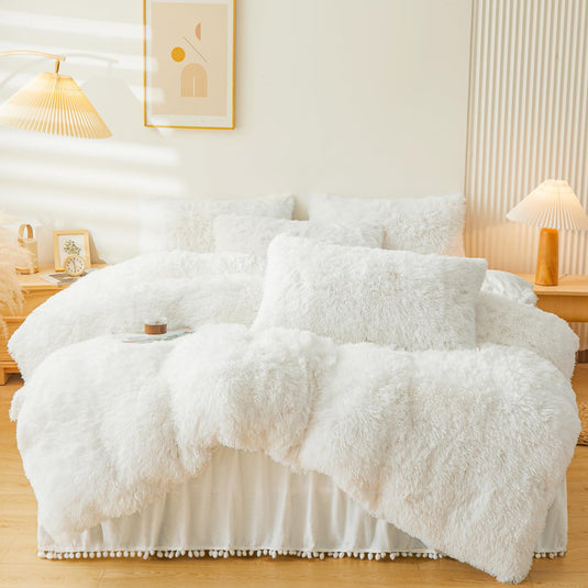 Fluffy Pink Faux Fur Comforter Cover Set，Fluffy Fuzzy Plush Pink Bedding 3Pcs (1 Faux Fur Duvet Cover +2 Fuzzy Pillowcases) Pink Fluffy Bed Set (Pink, Queen)