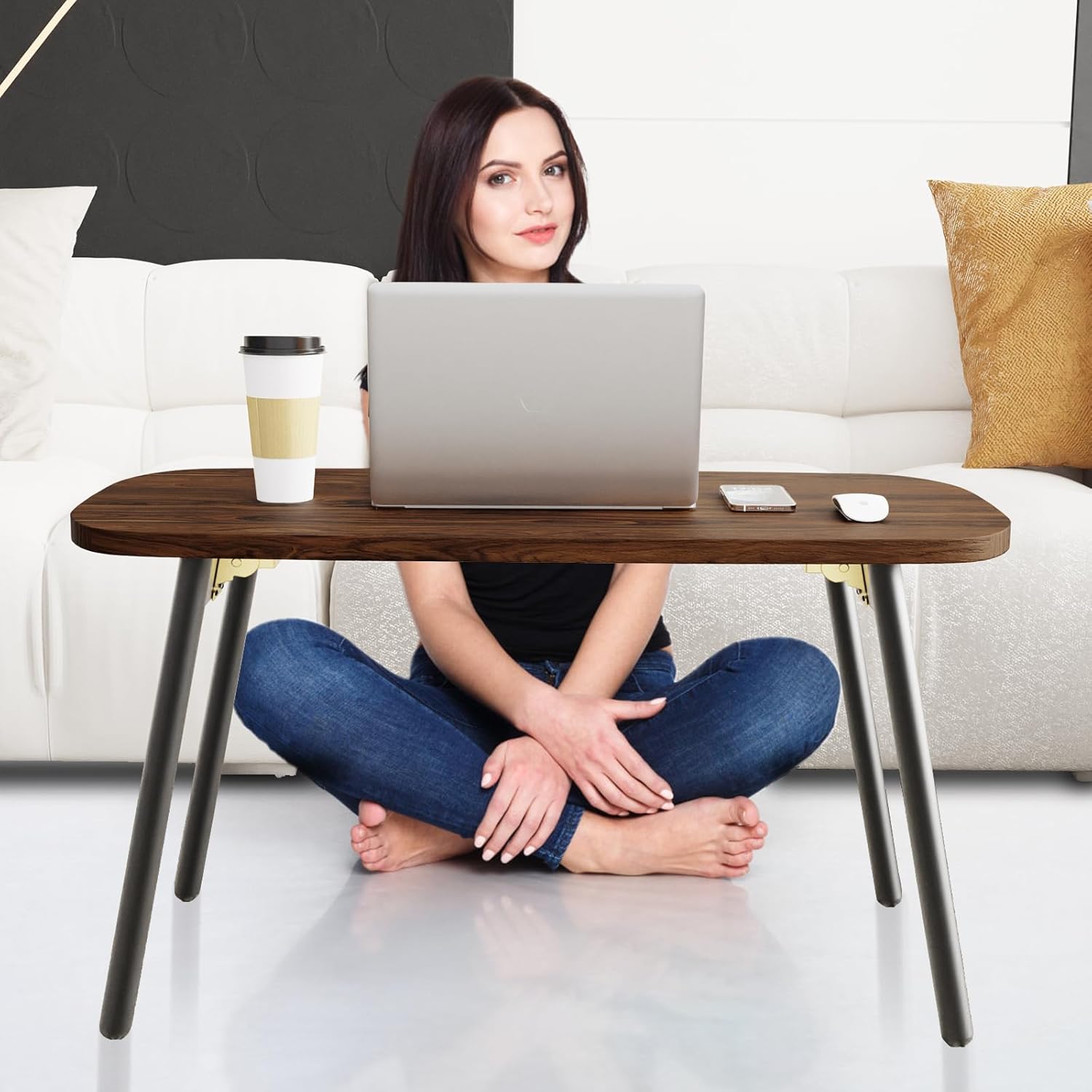 Folding Coffee Table, Wood Coffee Table Portable Low Floor Table with Metal Legs, Mid Century Modern Rustic Coffee Tables for Living Room, Home, Office, No Assembly 31.5x15.75x18.5IN