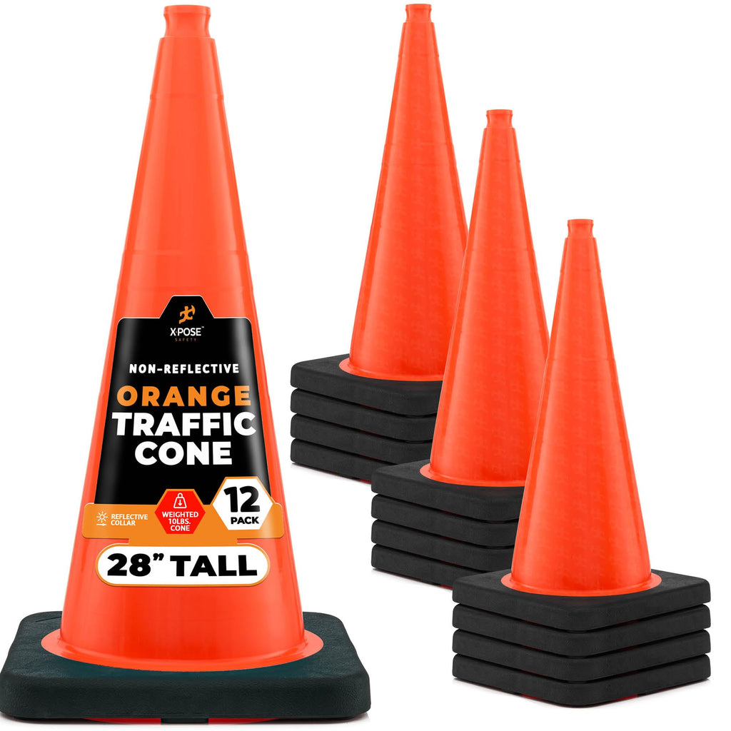 Xpose Safety 28 Inch Orange Traffic Cones Heavy Duty 10lb, 24-Pack - Multipurpose PVC Plastic Safety Cone for Parking, Soccer, Caution, Kids and Construction - DOT Approved