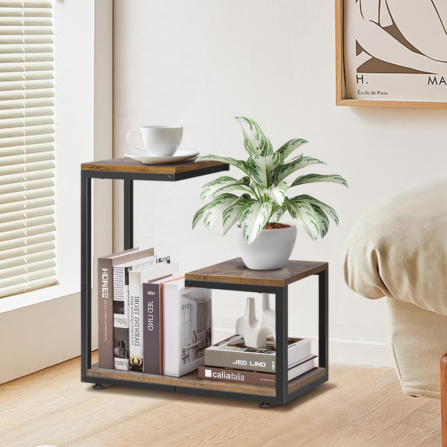 G-Shaped Side Table with Thick Metal Frame, 3-Tier End Table for Sofa Bedside Table with Storage, Corner Table Coffee Table for Bedroom Living Room Kitchen (Rustic Brown)