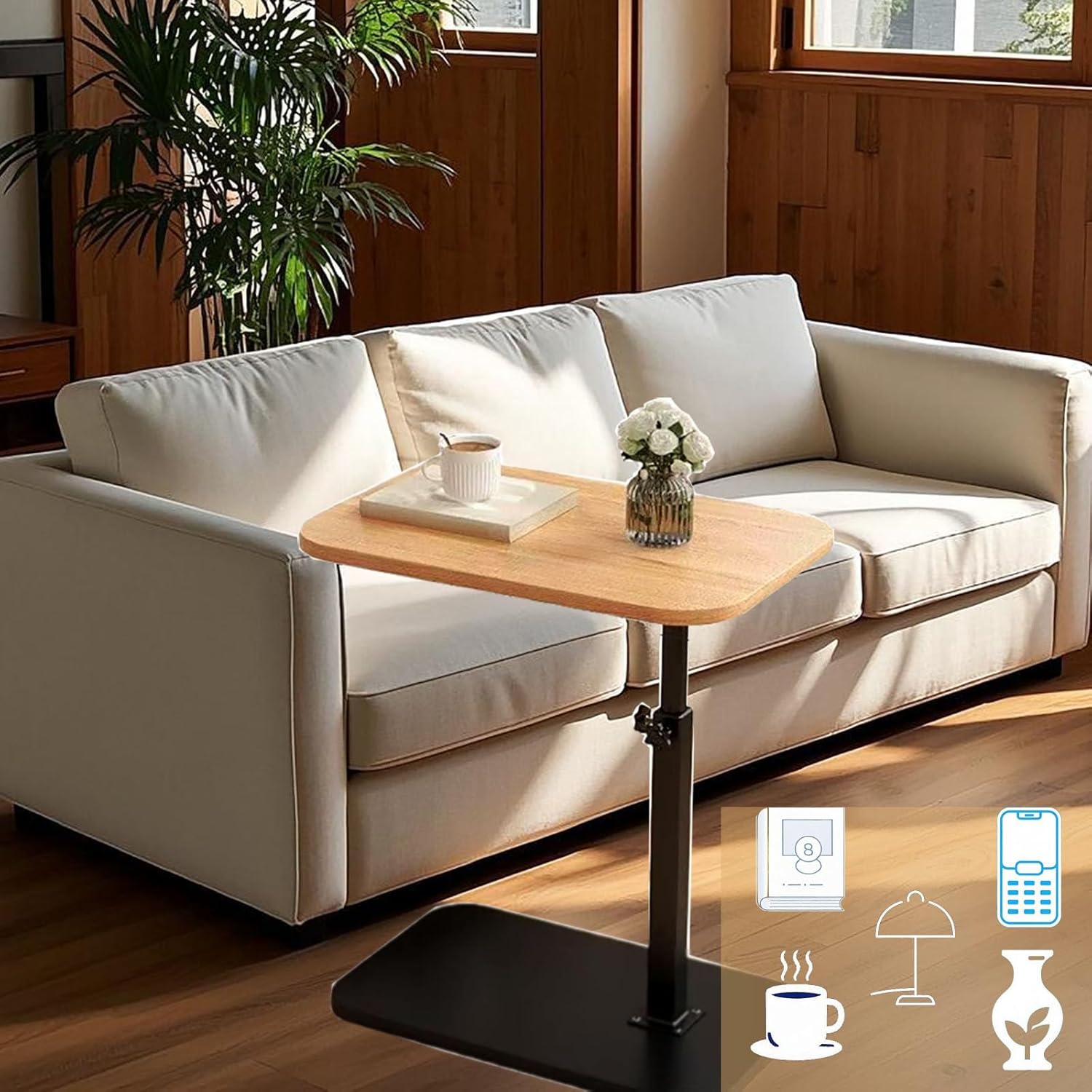 C End Table Adjustable Height,C Shaped Side Tables Living Room and Bedroom for Sofa, Chair,Bed,Coffee Small Spaces Side Table (Wood Grain Color)