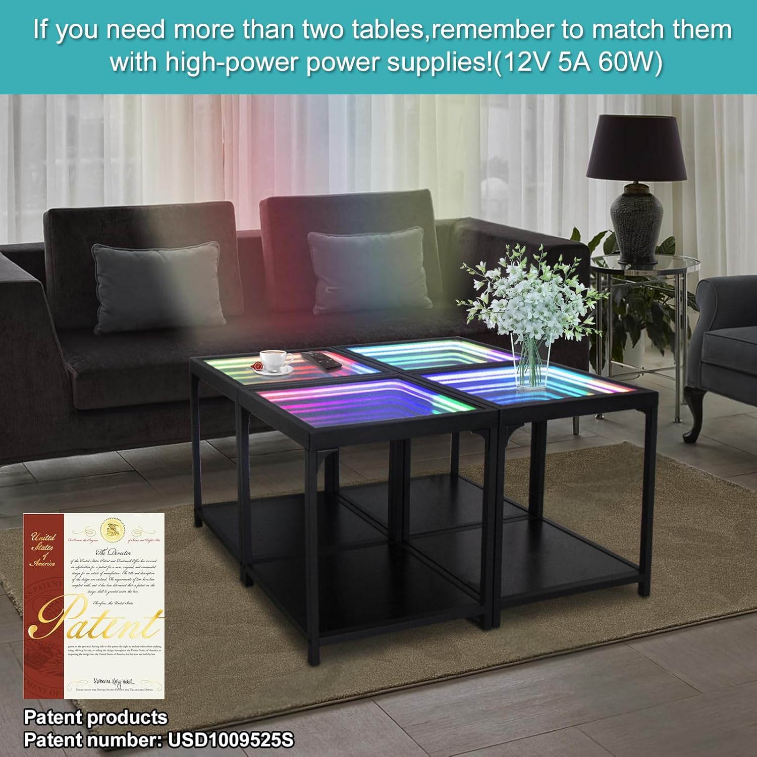 Infinity Mirror Light Table, Coffee Tables for Living Room, with 3D Infinity Illusion Mirror, RGB Side Table, with Tunnel Light, with Futuristic Decor, for Bedroom, Party