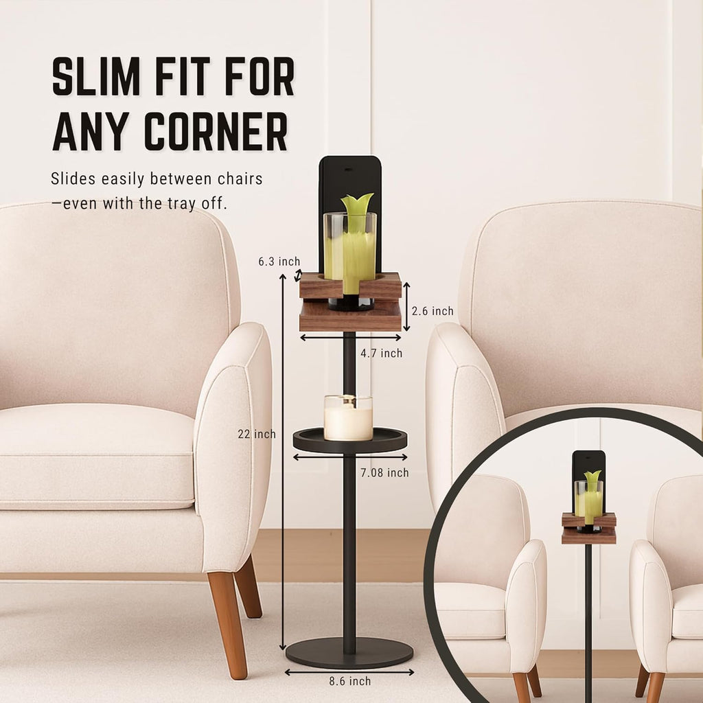 Drink Table for Small Spaces - Slim Pedestal Side Table with Real Wood Top & Stable Base for Coffee & Cocktails - Ideal for Tight Living Room & Bedroom Spaces (Walnut)
