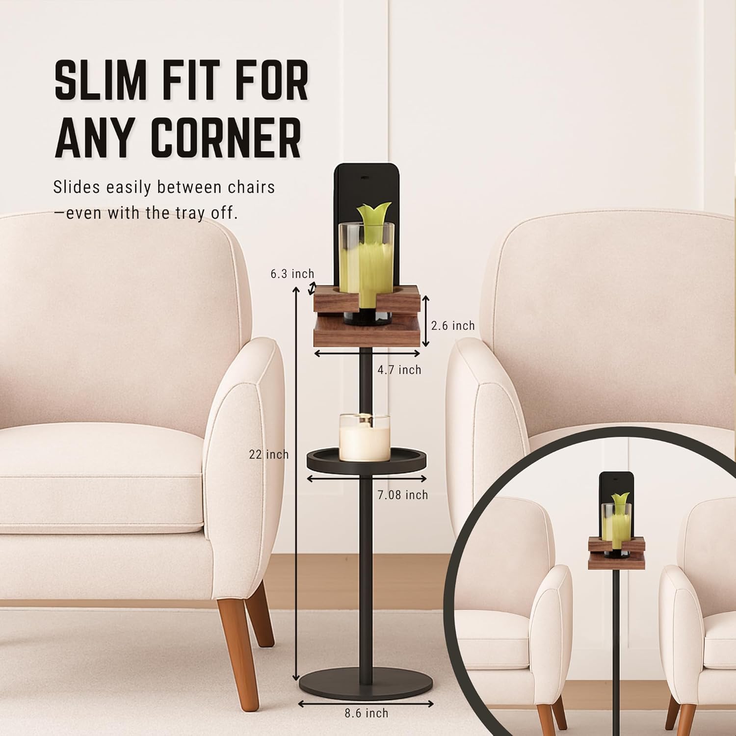 Drink Table for Small Spaces - Slim Pedestal Side Table with Real Wood Top & Stable Base for Coffee & Cocktails - Ideal for Tight Living Room & Bedroom Spaces (Walnut)