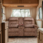 Reclining Loveseat Sofa, RV Loveseat Recliner with Console, Manual Home Theater Seating Loveseat with Cup Holders/Pockets, RV recliners for Living Room (Brown)