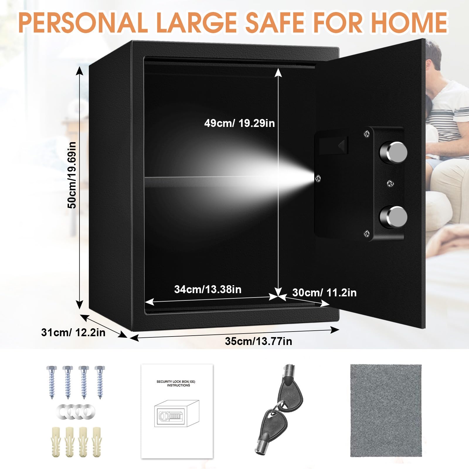 3.0 Cubic Feet Large Safes for Home Use Fire and Water proof, Digital Security Safe with Key and Combination, Home Safes Water and Fireproof for Firearm Medicine Money Valuables