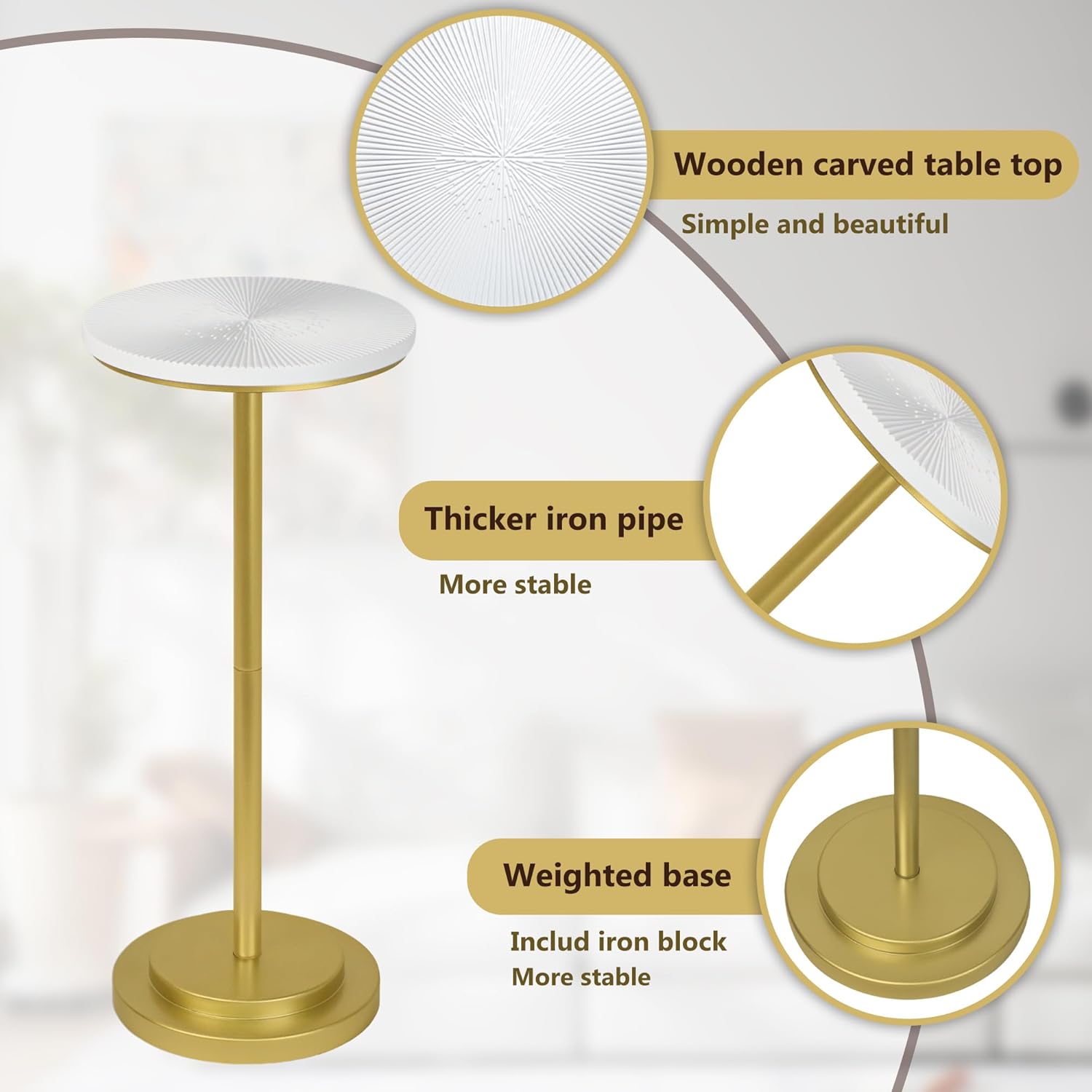 Drink Table, Carved Table Top Small Pdestal Martini SideTable for Living Room, Bedroom, Modern, Weighted Base, White and Gold