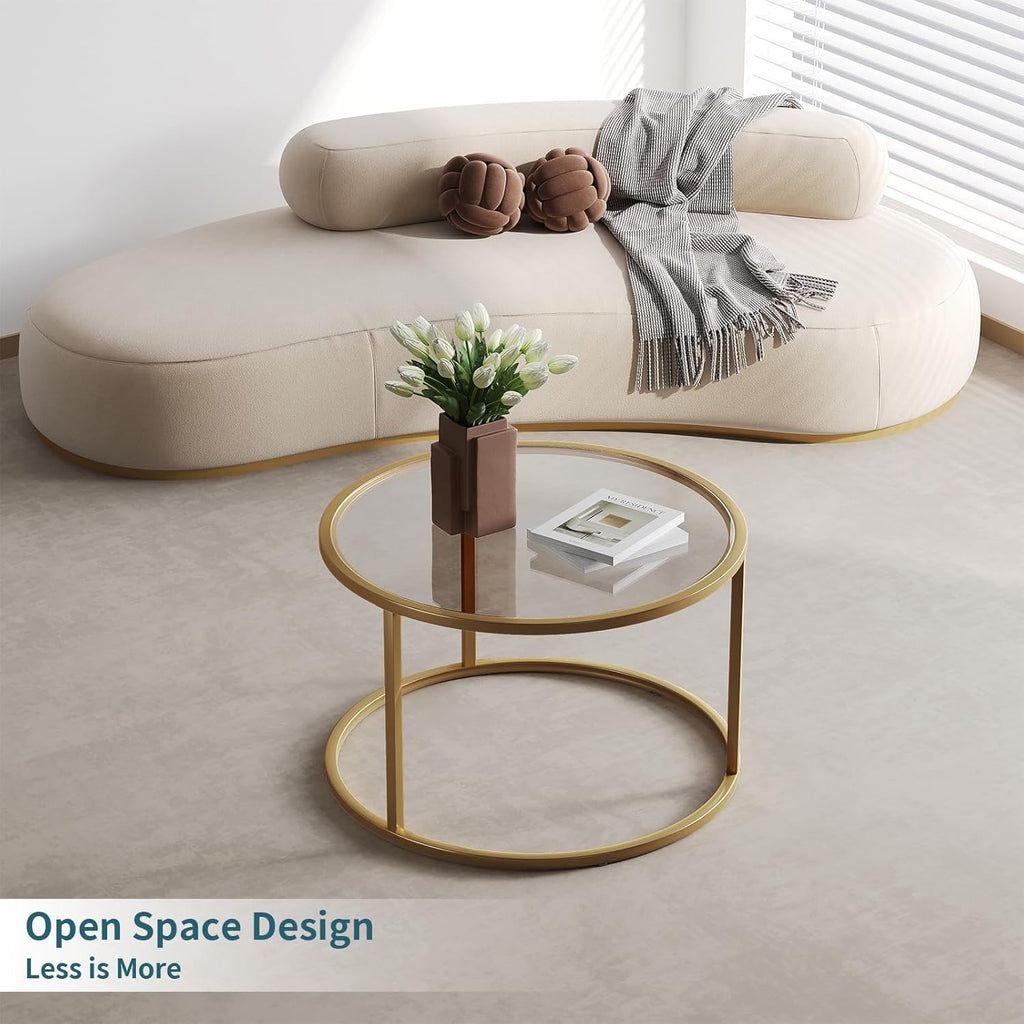 SAYGOER Small Glass Coffee Table Round Gold Coffee Table for Small Space Modern Simple Center Table with Gold Frame for Living Room Home Office, Easy Assembly