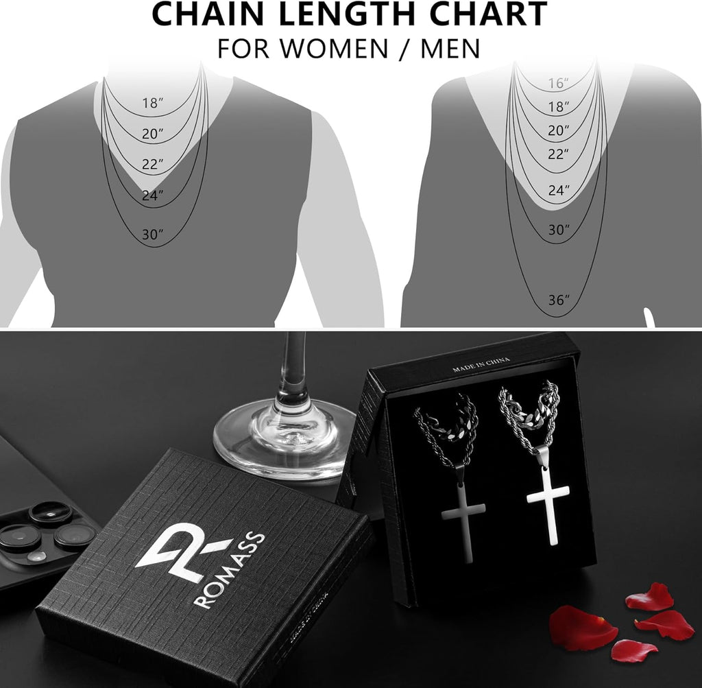 Romass 4Pcs Cross Necklace for Men,Silver Black Layered Necklace for Men Stainless Steel Cross Chain Pendant Jewelry Box Gifts 18-24 Inches