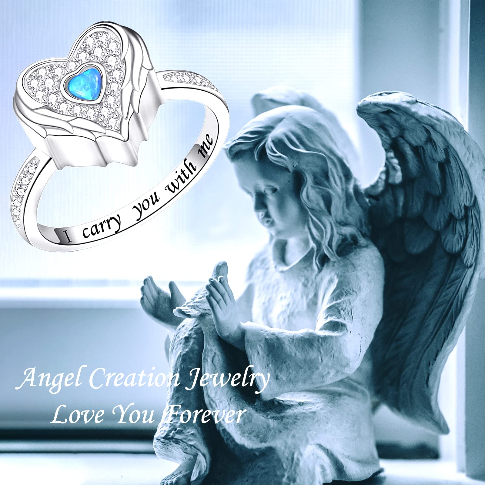 Angel Wing Heart Cremation Ring for Women - 925 Sterling Silver Holds Loved Ones Ashes Rings for Pet Human Ash