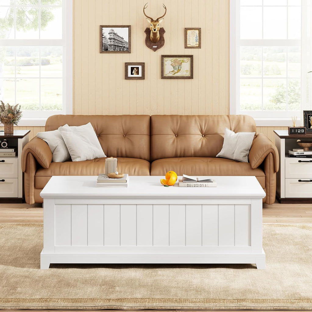48” Lift Top Coffee Table for Living Room, Coffee Tables with Large Storage & Fence Design, Coffee Table Lifting top for Living Room Rustic Center Table for Home and Office, White
