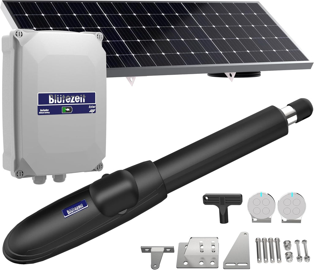 Blütezeit Solar Swing Gate Opener, 880lb Single-Arm Operator with Built-in 24V Lithium Battery & 25W Solar Panel, Integrated Control Box for Easy Install, Smart Auto Setting, 2 Remotes & Complete Kits