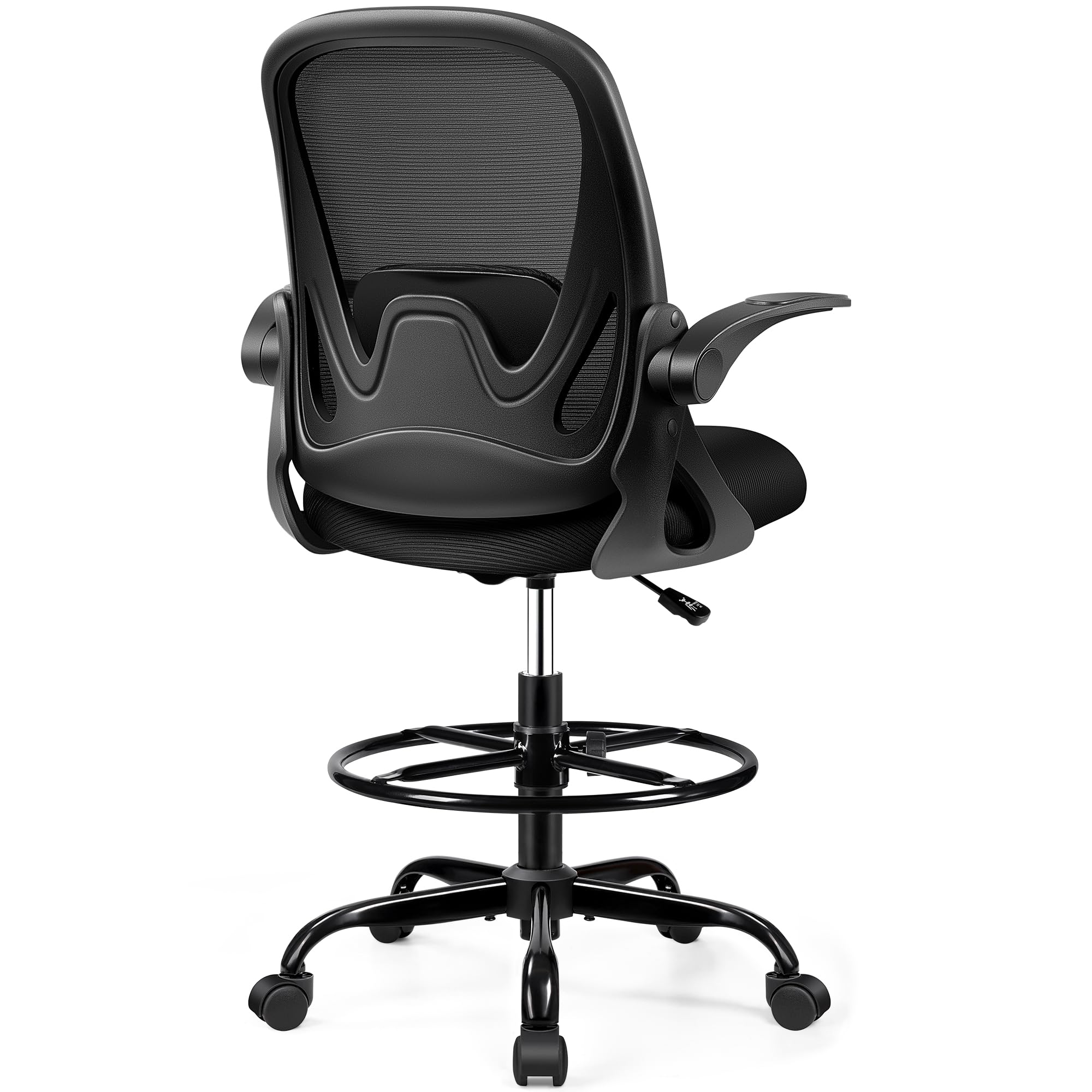 Primy Drafting Chair Tall Office Chair with Flip-up Armrests Executive Ergonomic Computer Standing Desk Chair with Lumbar Support and Adjustable Footrest Ring (Black)