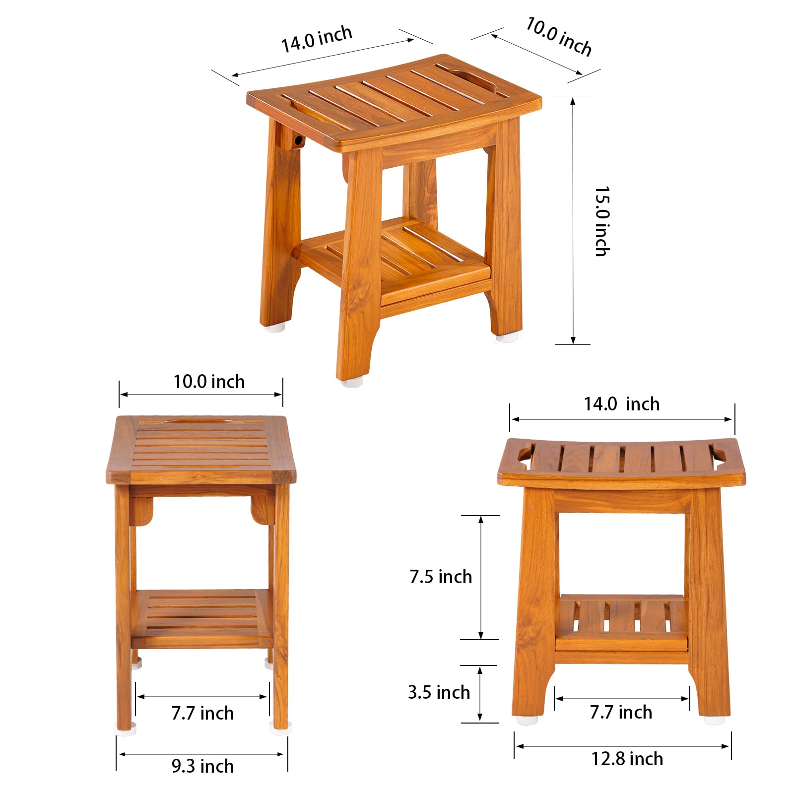 NNN 14" Compact Teak Shower Stool with Shelf & Handle - Waterproof, Non-Slip Bath Bench for Small Bathrooms/Outdoor Use, 300 lbs Capacity (Patented)