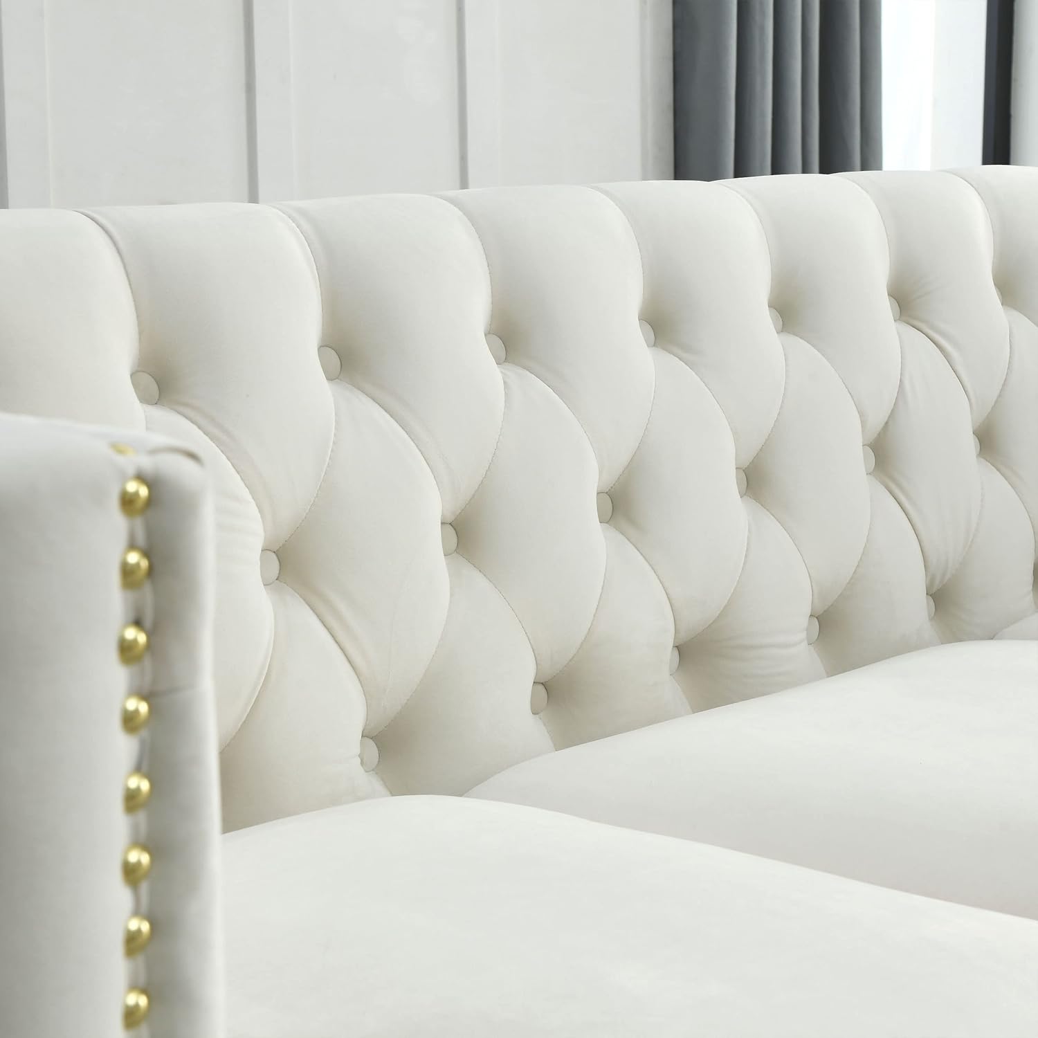 Ball & Cast 82" Velvet Corner Chesterfield Sofa, L-Shaped Sectional Couch with Nailhead Trim & 3 Cushions for Living Room, Bedroom, Apartment, Office,Beige